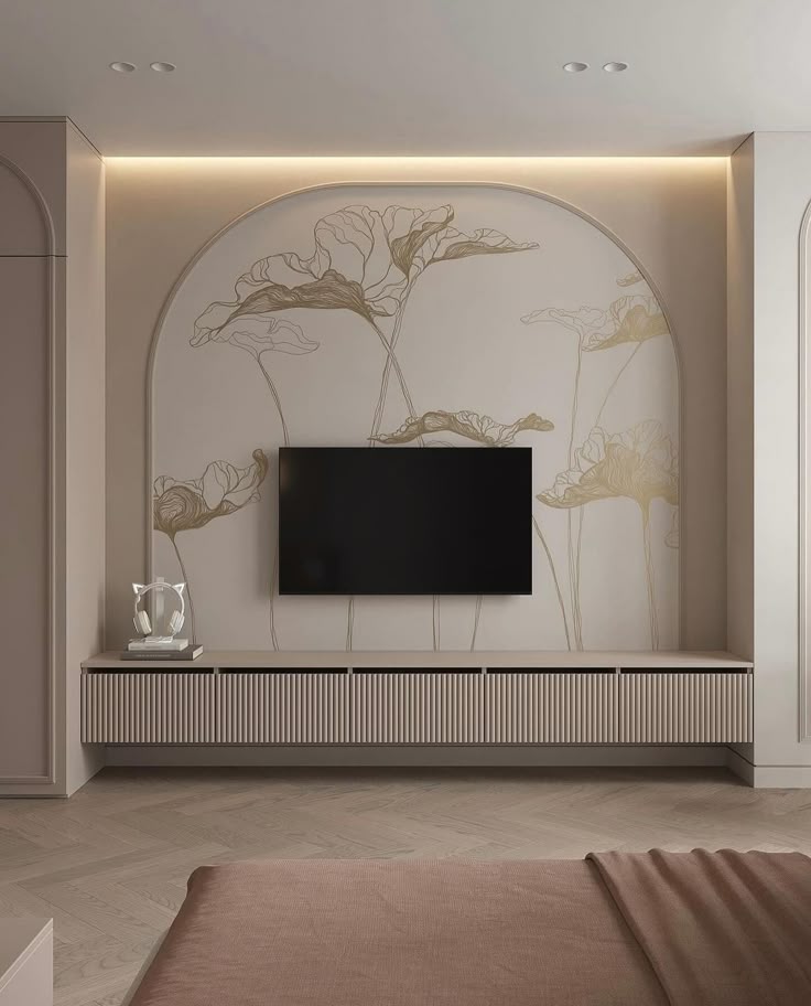 Arched TV Unit with Floral Accent